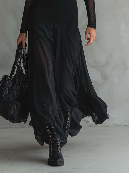 Neroa · Vestido Maxi Suelto en Tul Negro