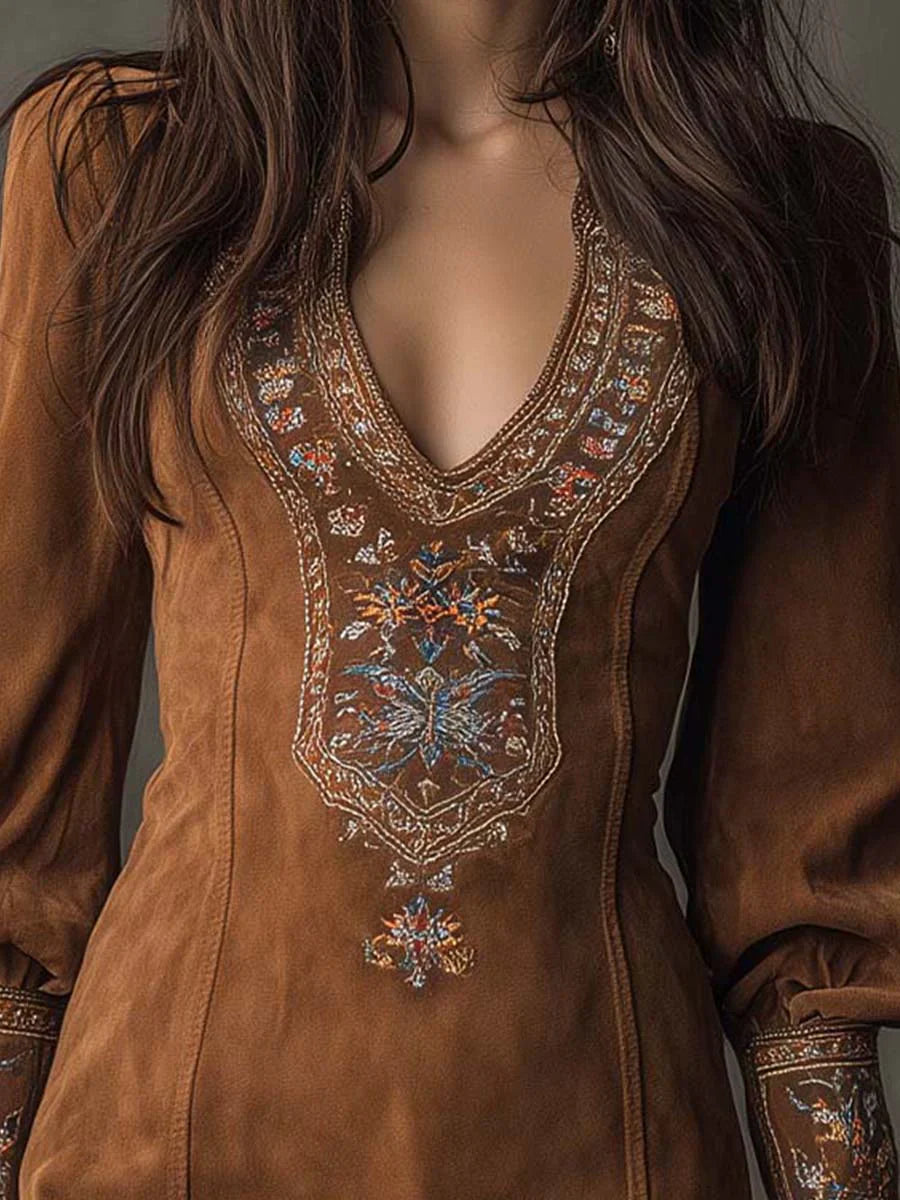 Irina - Minivestido vintage de ante con escote en V y bordado