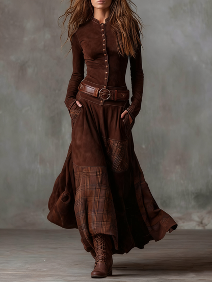 Martina · Vestido largo vintage en ante a cuadros azul marino