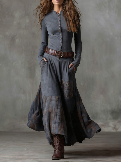 Martina · Vestido largo vintage en ante a cuadros azul marino