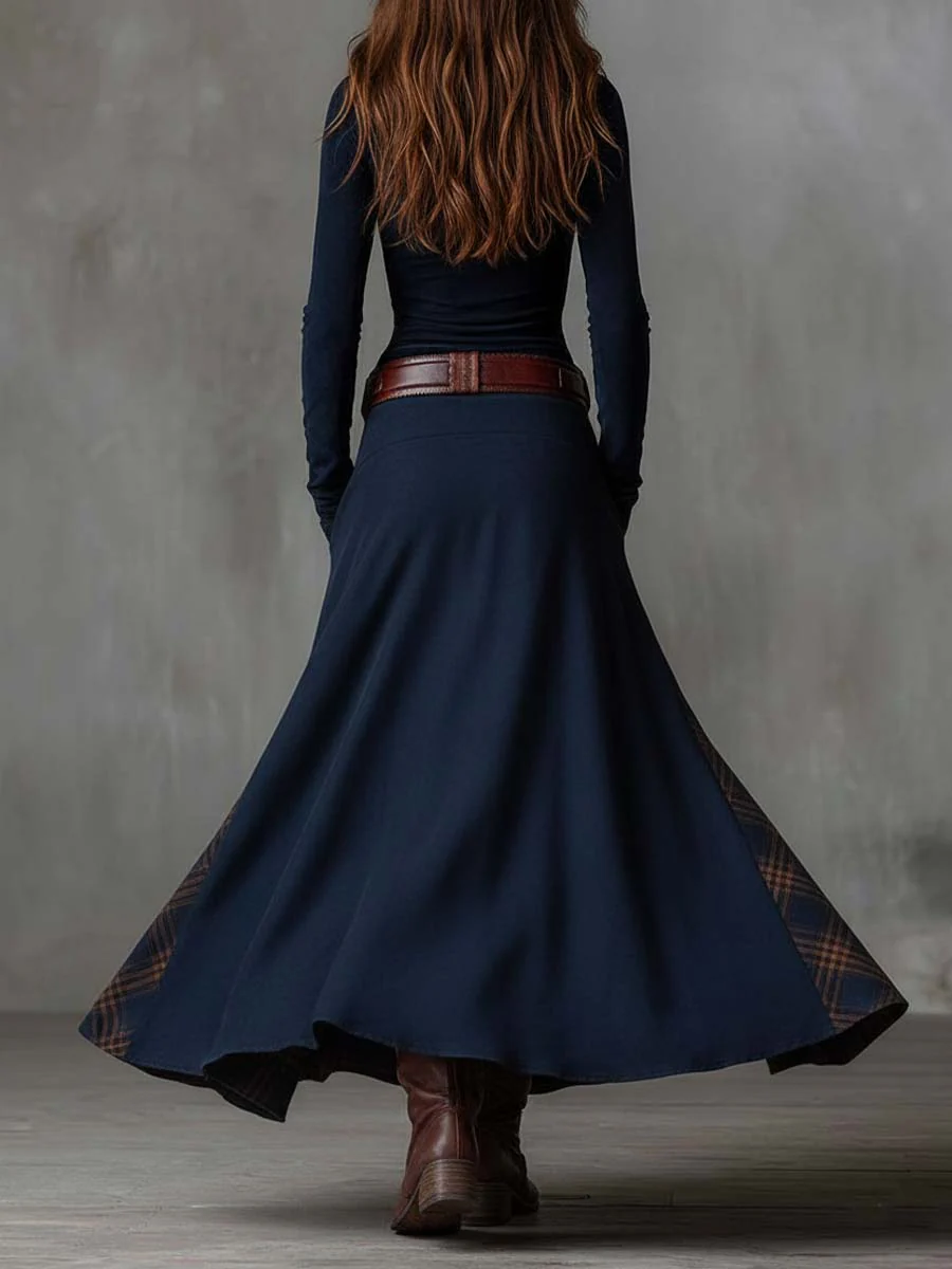 Martina · Vestido largo vintage en ante a cuadros azul marino