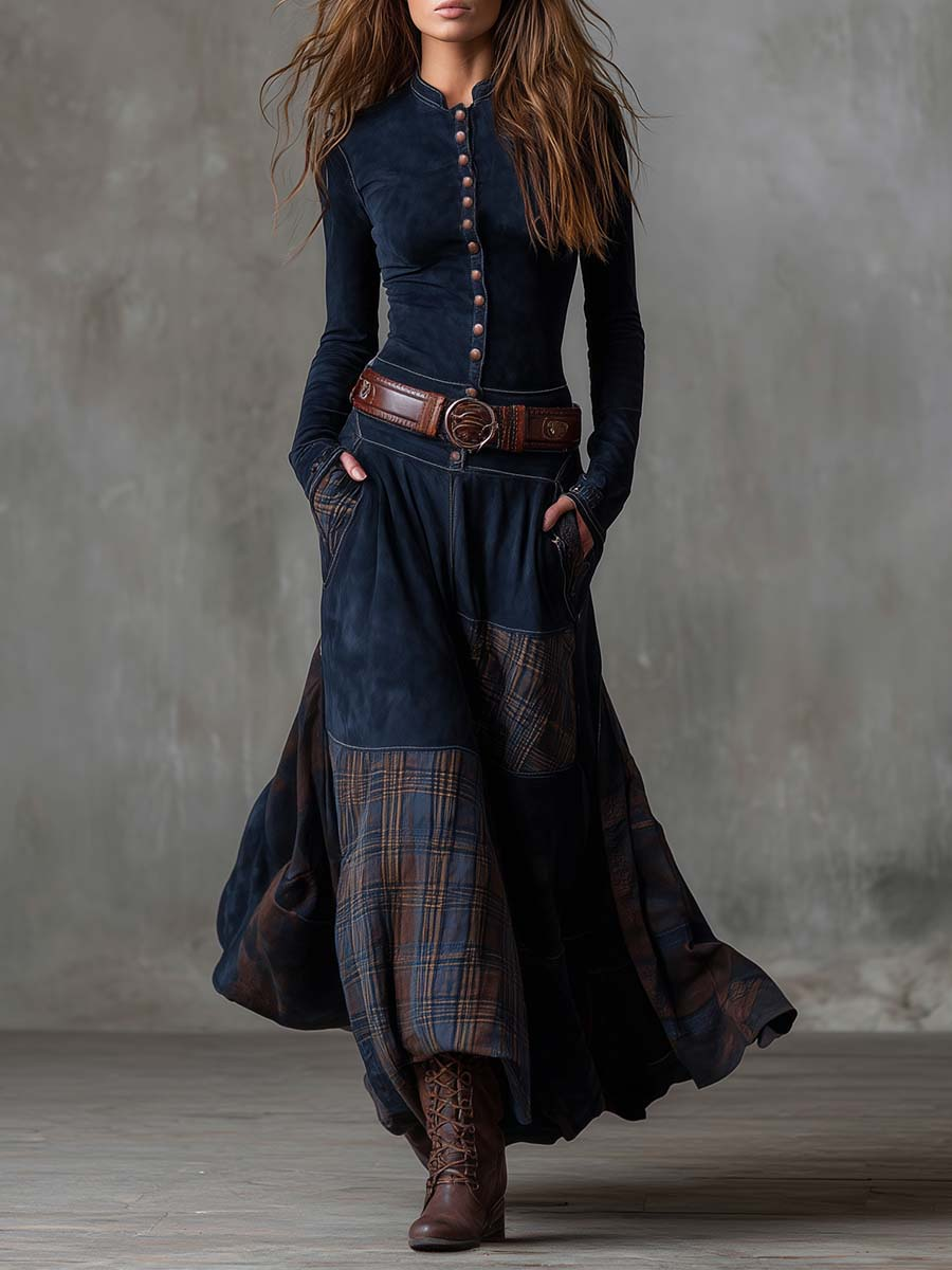 Martina · Vestido largo vintage en ante a cuadros azul marino