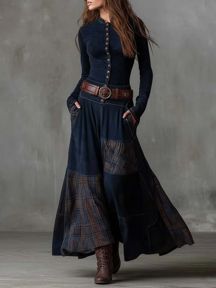Martina · Vestido largo vintage en ante a cuadros azul marino