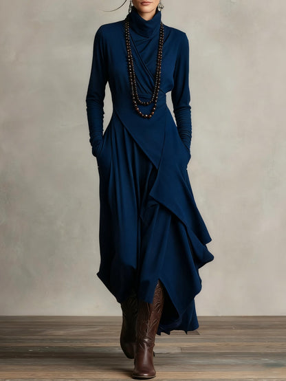 Rosa™ - Vestido Maxi Plisado Asimétrico Violeta con Cuello Alto (Collar no incluido)