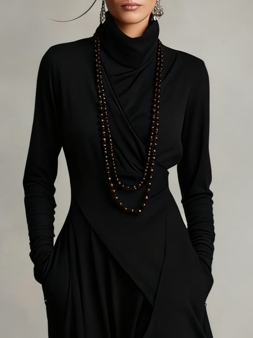 Rosa™ - Vestido Maxi Plisado Asimétrico Violeta con Cuello Alto (Collar no incluido)