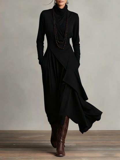 Rosa™ - Vestido Maxi Plisado Asimétrico Violeta con Cuello Alto (Collar no incluido)