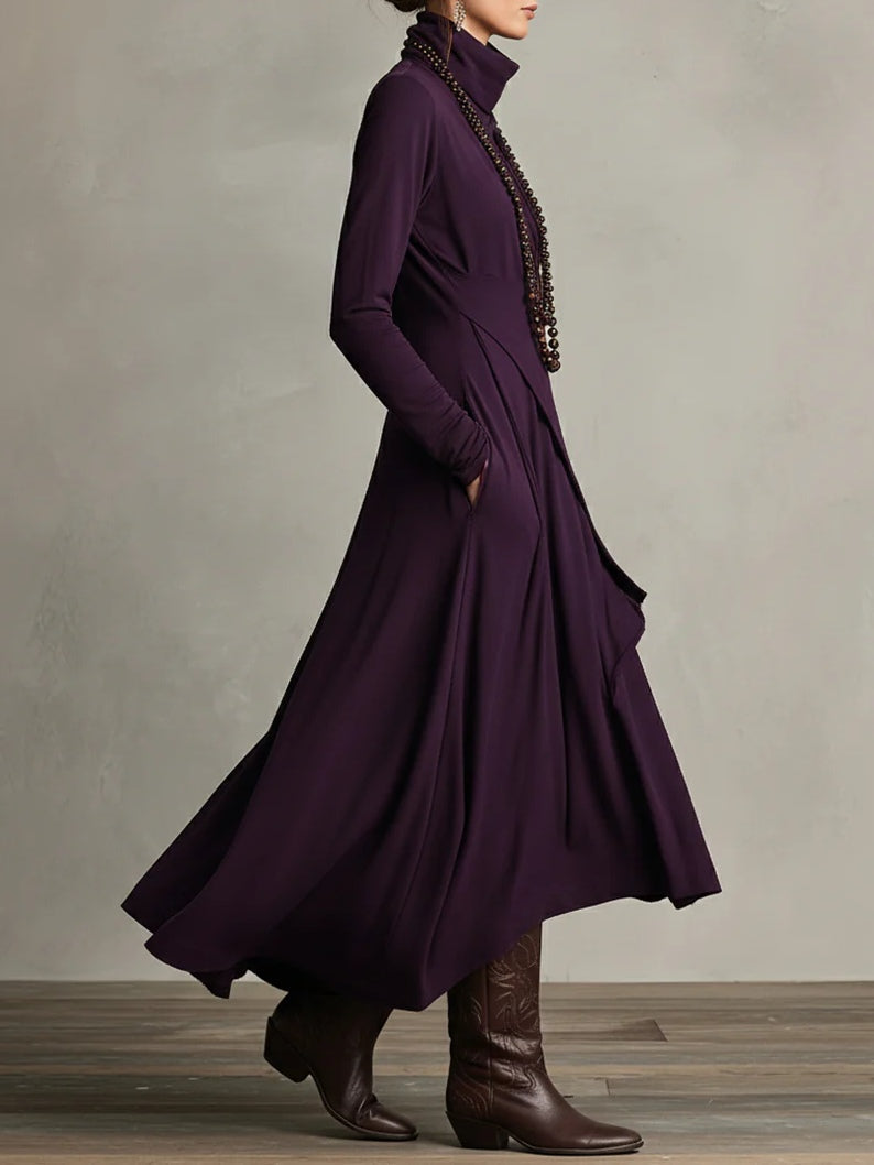 Rosa™ - Vestido Maxi Plisado Asimétrico Violeta con Cuello Alto (Collar no incluido)