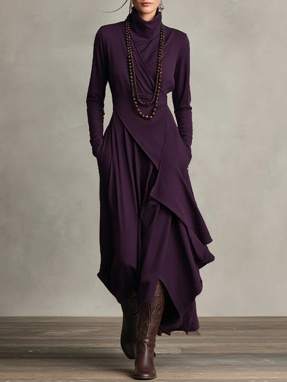 Rosa™ - Vestido Maxi Plisado Asimétrico Violeta con Cuello Alto (Collar no incluido)