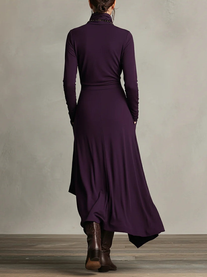 Rosa™ - Vestido Maxi Plisado Asimétrico Violeta con Cuello Alto (Collar no incluido)