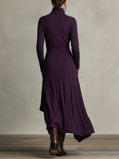 Rosa™ - Vestido Maxi Plisado Asimétrico Violeta con Cuello Alto (Collar no incluido)