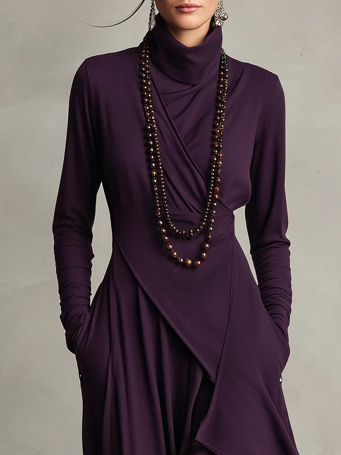 Rosa™ - Vestido Maxi Plisado Asimétrico Violeta con Cuello Alto (Collar no incluido)