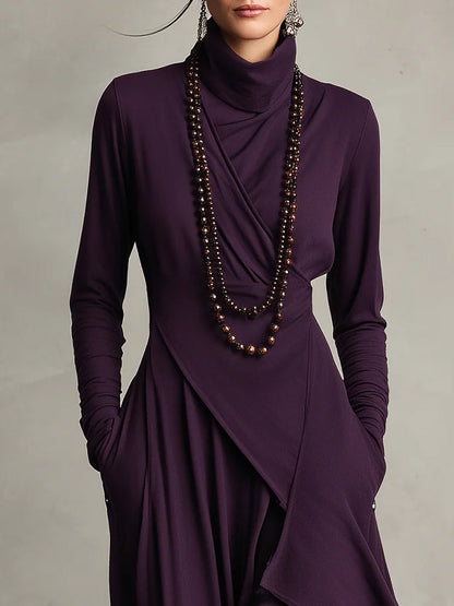 Rosa™ - Vestido Maxi Plisado Asimétrico Violeta con Cuello Alto (Collar no incluido)