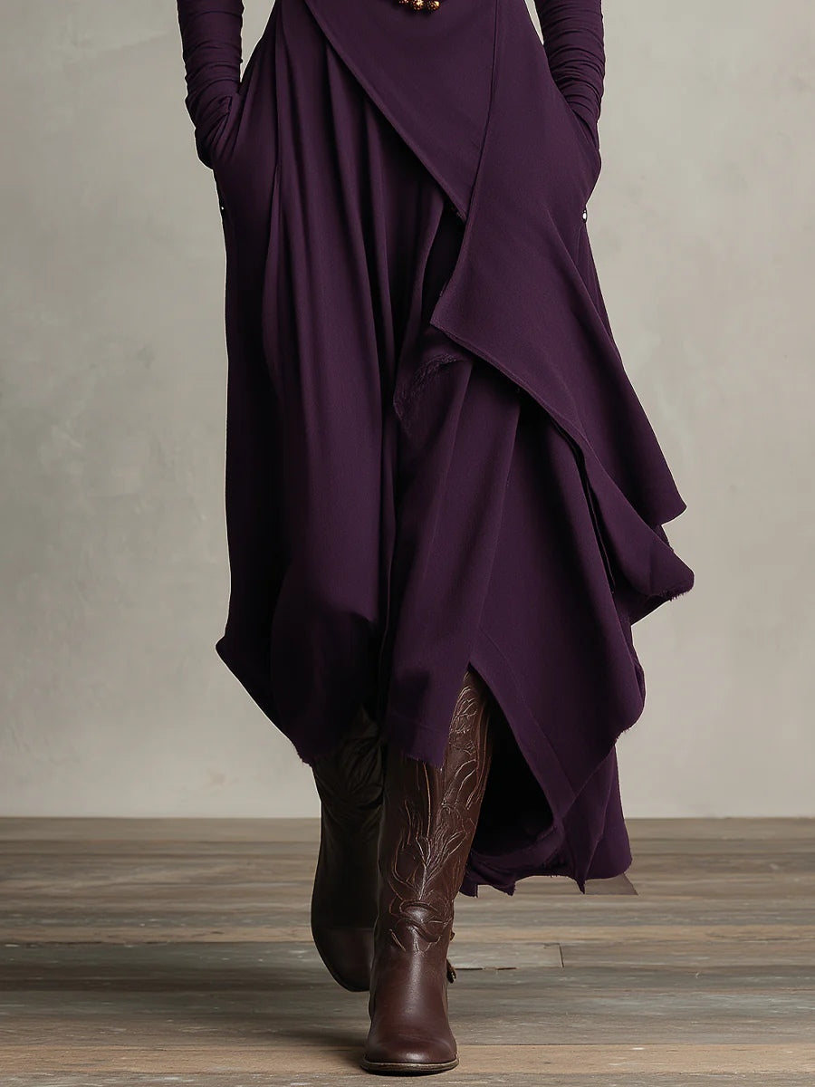Rosa™ - Vestido Maxi Plisado Asimétrico Violeta con Cuello Alto (Collar no incluido)
