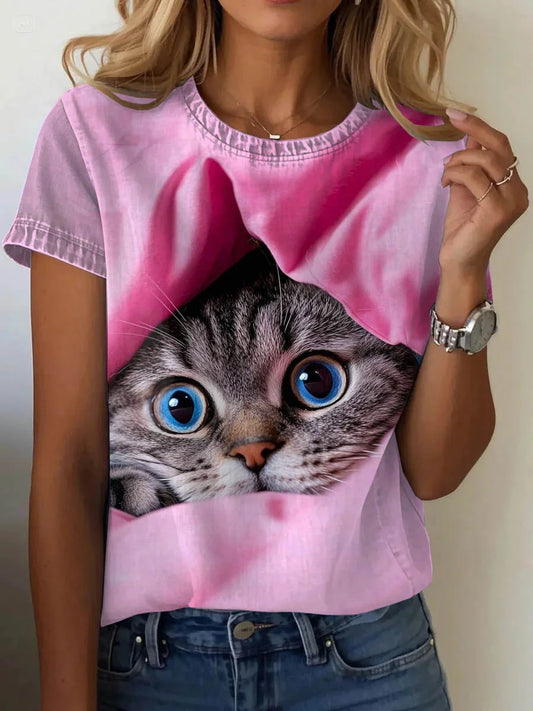 Bambú - Camiseta casual de manga corta con estampado de gato
