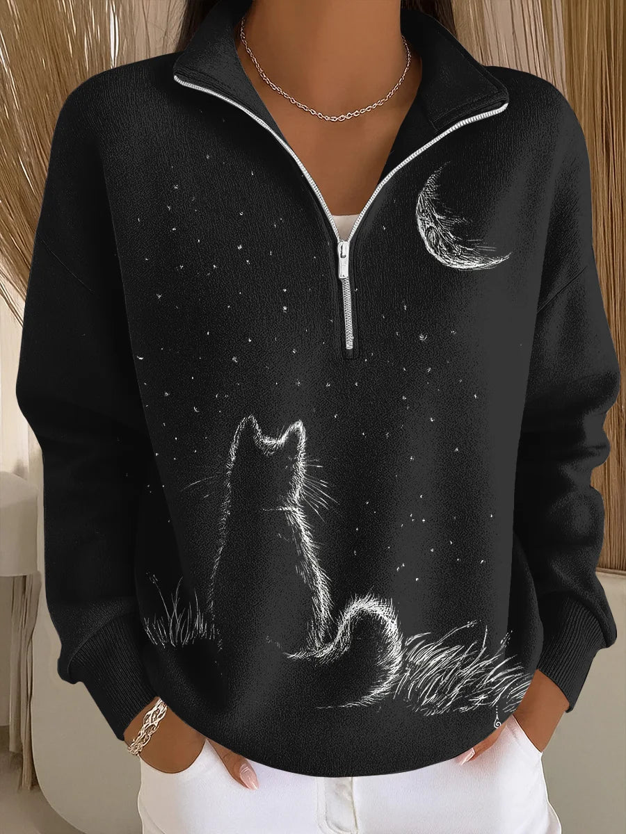 Bella - Sudadera Casual con Cremallera de Arte de Gato
