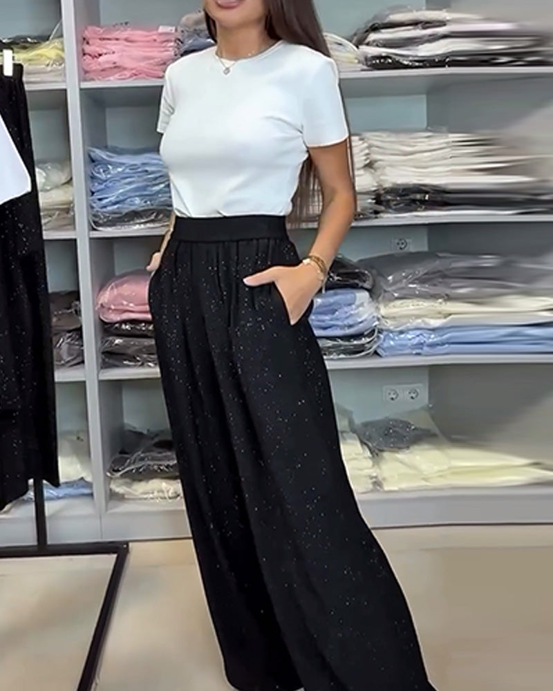 Candela - Pantalones Elegantes de Cintura Alta Brillantes de Pierna Ancha