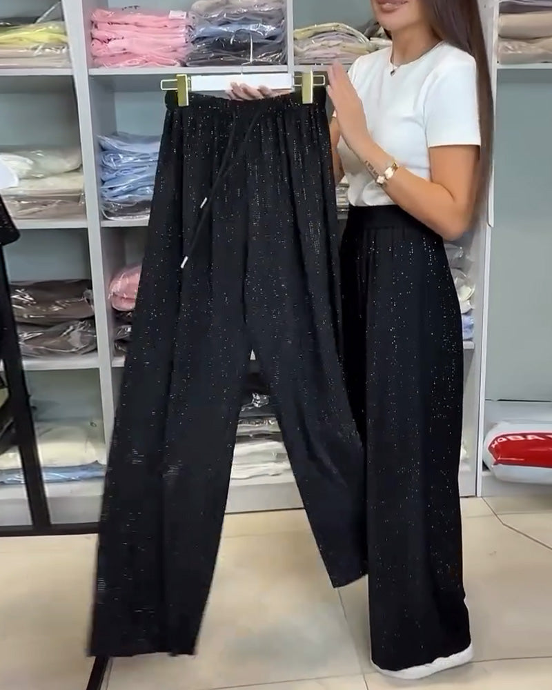 Candela - Pantalones Elegantes de Cintura Alta Brillantes de Pierna Ancha