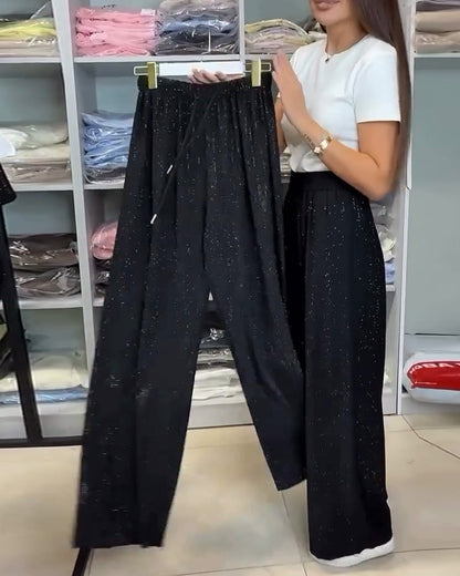 Candela - Pantalones Elegantes de Cintura Alta Brillantes de Pierna Ancha