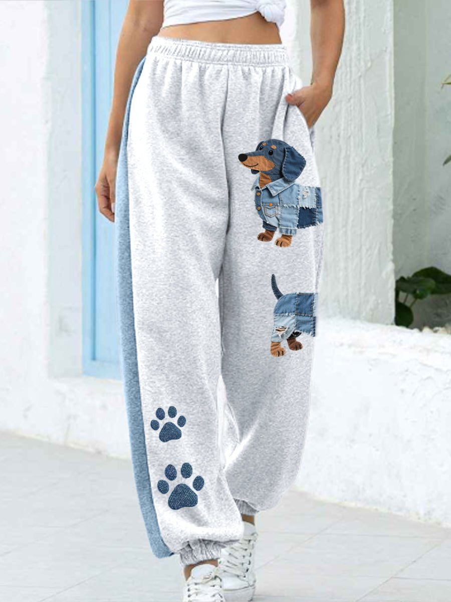 Canela - Jeans para damas con patchwork y patrón de dachshund