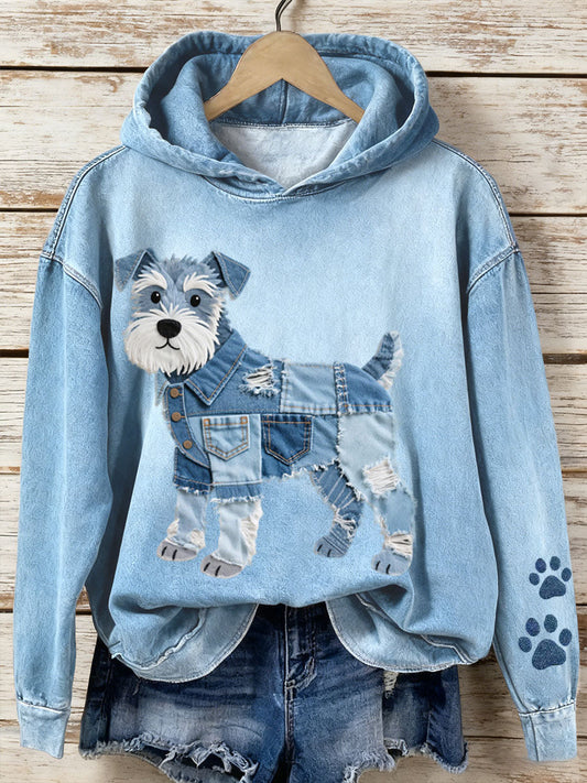 Lola - Sudadera de jeans para damas Patchwork Art Schnauzer con motivo de perro