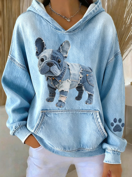 Blanca - Sudadera con capucha de Bulldog Francés a rayas con parche de denim para mujeres